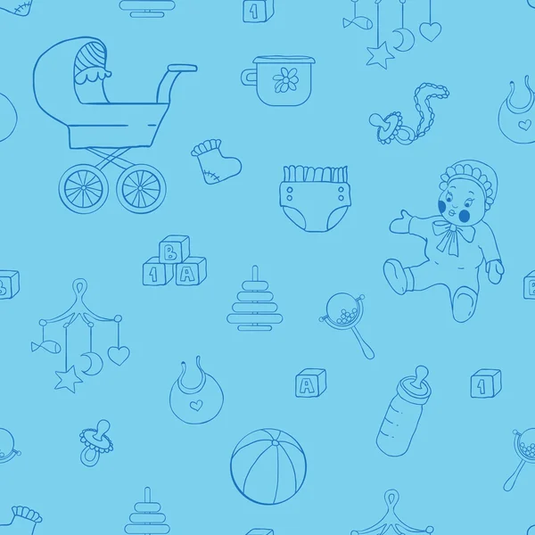 Baba ruhák és játékok kézzel rajzolt zökkenőmentes minta — Stock Vector