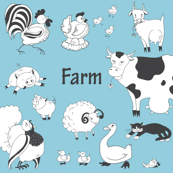 Çiftlik hayvanları büyük kümesi. Tavuk, horoz, hindi, ördek, kaz, domuz, koyun, keçi, inek, kedi. Vektör çizim — Stok Vektör
