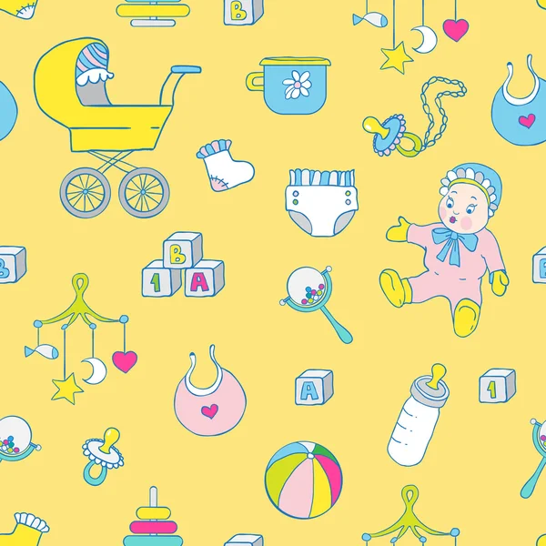 Vêtements de bébé et jouets dessinés à la main motif sans couture — Image vectorielle