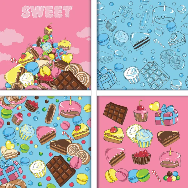 Set of seamless patterns and images of sweets — Stock Vector