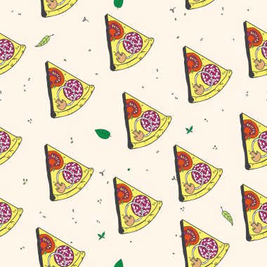 Pizza ile pişirme Dikişsiz desen vektör. Bir menü tasarım. Restoran ve Cafe menü şablonu. İtalyan mutfağı uzat çizilmiş nesneleri. Vektör yiyecek çizim mutfak ve Cafe