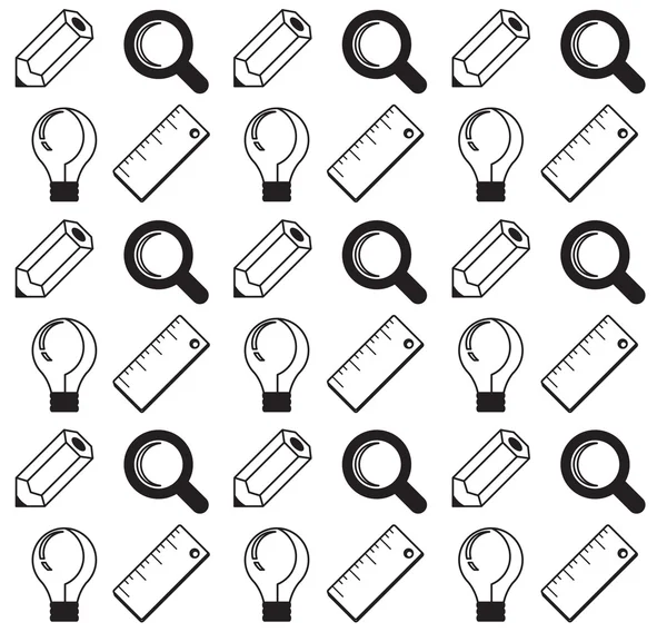 Vector affärsidé, infographic designelement i platt retrostil. Seamless mönster av penna, förstoringsglas, linjal, lampa — Stock vektor