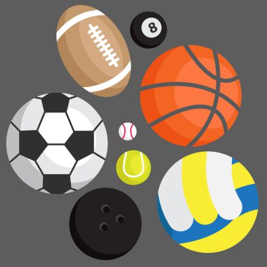 Simge seti. Spor topları: futbol, voleybol, besketbol, golf, tenis, bowling, rugby, snooker