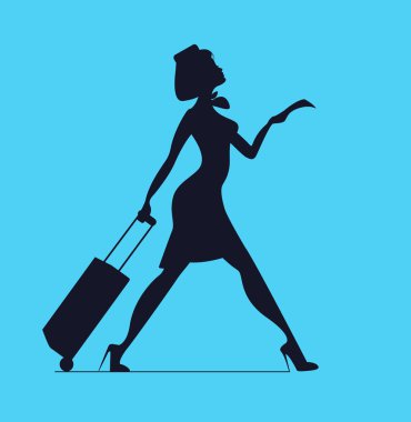 Stewardess with luggage. Stewardess holding tickets. Woman with baggage and ticket. Time to Travel clipart