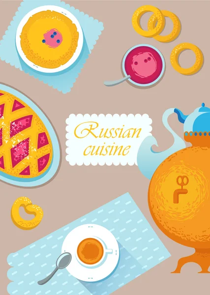 Cucina russa. Modello per menu con utensili da cucina e cibo: samovar, tazza, tovagliolo, torta, marmellata, frittelle, muffin — Vettoriale Stock