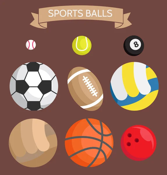 Set de iconos. Pelotas deportivas: fútbol, voleibol, besketbol, golf, tenis, bolos, rugby, billar — Vector de stock