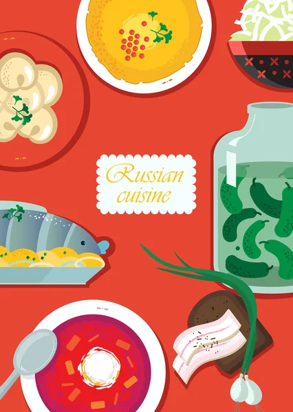 Siapkan makanan nasional Rusia. Ilustrasi makanan Masakan Rusia - Stok Vektor