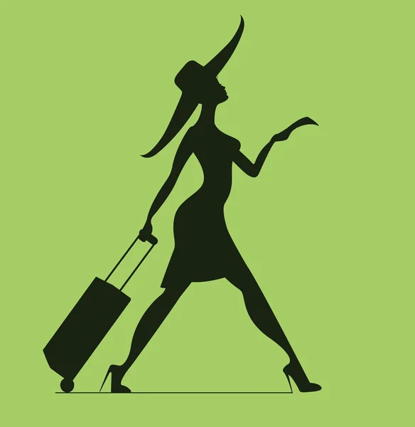 Mulher com bagagem e bilhete. Tempo para viajar — Vetor de Stock