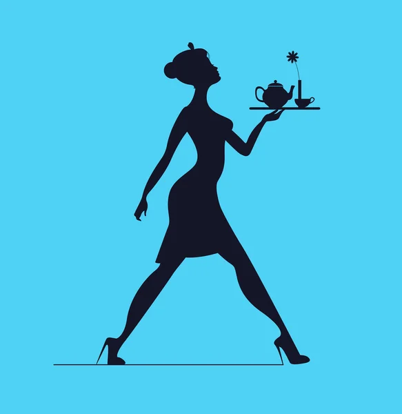 Silueta de camarera sobre fondo azul. Chica delgada llevando una bandeja con té — Archivo Imágenes Vectoriales