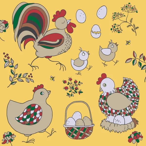 Juego de granja: pollo, gallo, pollitos, canasta con huevos, nido, ramitas con hojas — Vector de stock