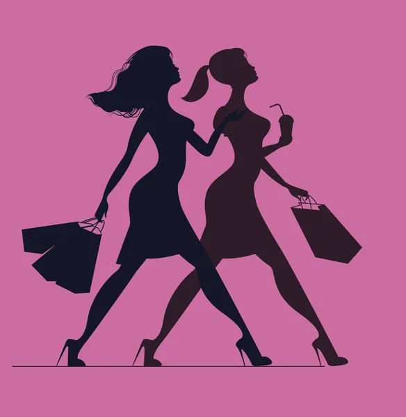 Silhouette de femmes avec des sacs à provisions. Silhouette de femmes sur fond rose — Image vectorielle