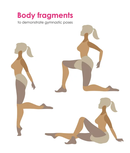 Fragments de corps pour démontrer des poses de gymnastique. Silhouette vectorielle d'une femme qui pratique — Image vectorielle