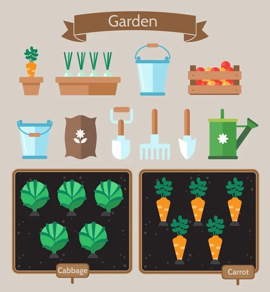 Planificador de huertos vegetales diseño plano.Camas con repollo, zanahorias . — Vector de stock