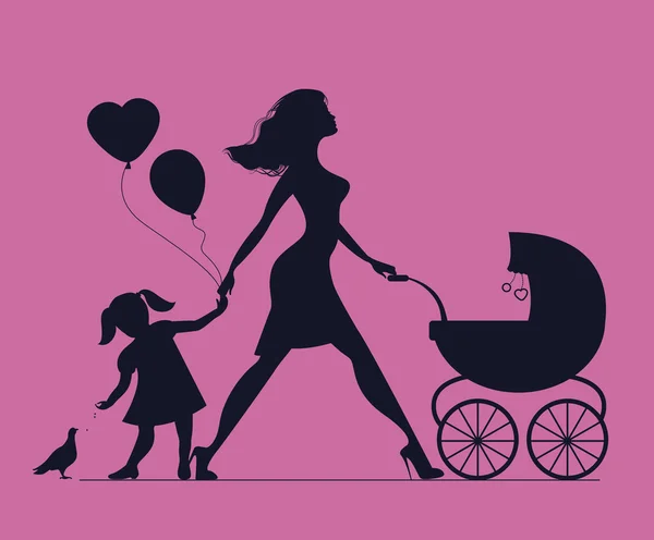 Mamá con hija y bebé en un carruaje de bebé. La niña alimenta a los pájaros. Madre de muchos hijos. Hermosa madre de moda. Silueta vectorial — Archivo Imágenes Vectoriales