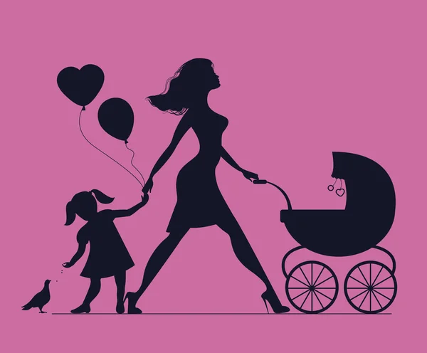 Maman avec sa fille et son bébé en calèche. La petite fille nourrit les oiseaux. Mère de beaucoup d'enfants. Belle mère à la mode. Silhouette vectorielle — Image vectorielle