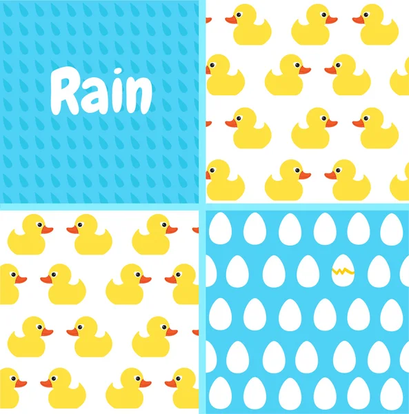 Patterns set. Seamless vector pattern with cute bright yellow ducks. Seamless rain drops pattern background.Seamless eggs  pattern background — Stock Vector