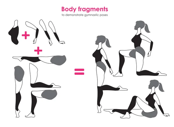Fragments de corps pour démontrer des poses de gymnastique. Silhouette vectorielle d'une femme qui pratique — Image vectorielle