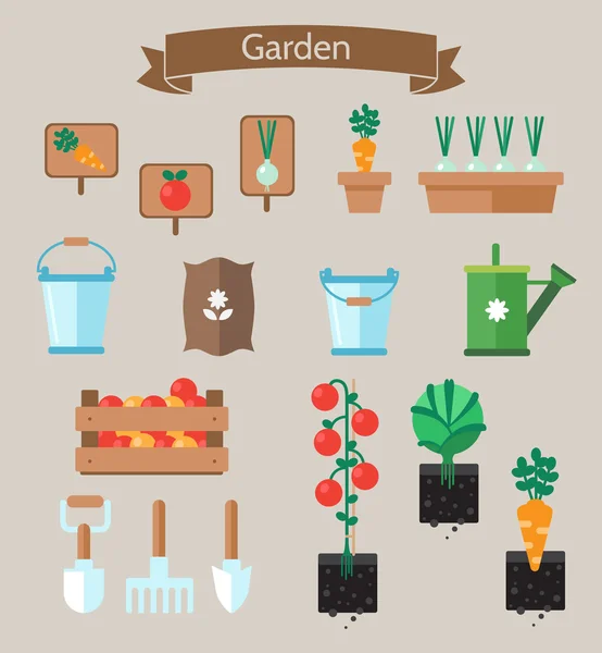 Planificador de huertos vegetales diseño plano.Camas con repollo, zanahorias . — Vector de stock