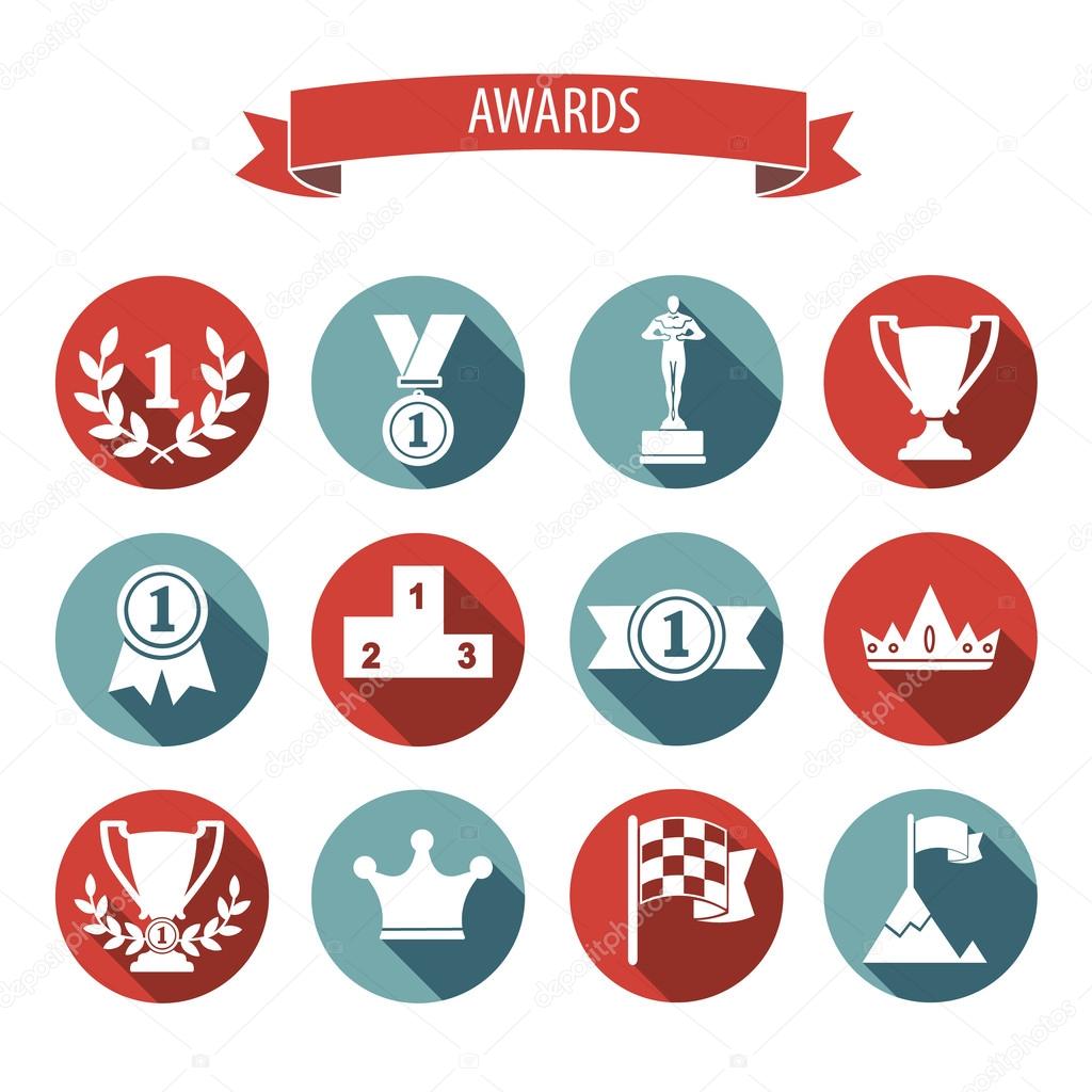 set of white vector award success and victory flat icons on colo