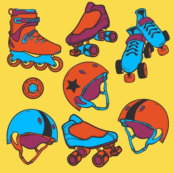 Set of roller skates helmets wheel — Stock Vector