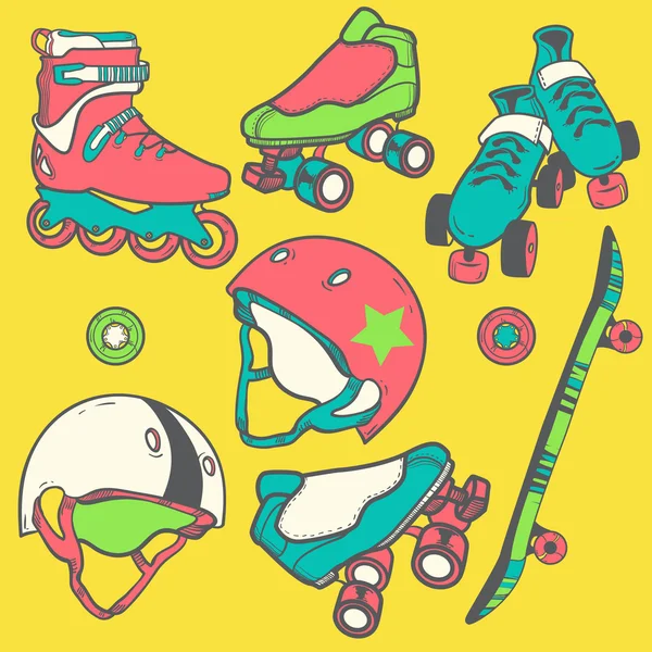 Juego de patines ruedas cascos — Vector de stock