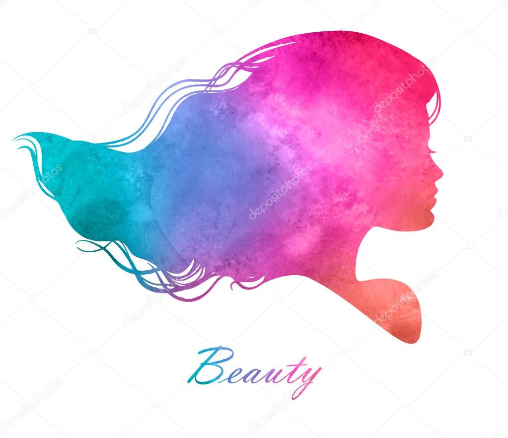 Silhouette head with watercolor hair.Vector illustration of woman beauty salon