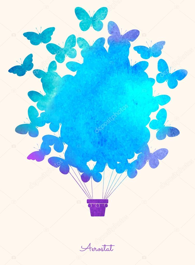Watercolor vintage butterfly hot air balloon.Celebration festive background with balloons.Perfect for invitations,posters and cards