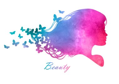 Silhouette head with watercolor hair.Vector illustration of woman beauty salon clipart