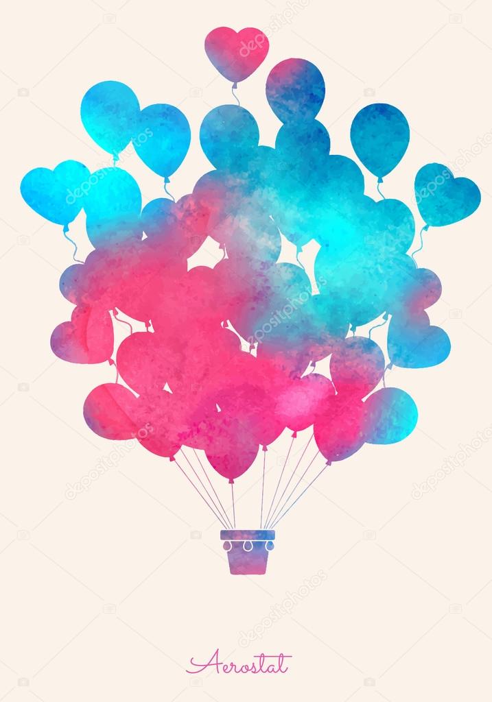 WaWatercolor vintage hot air balloon.Celebration festive background with balloons.Perfect for invitations,posters and cards