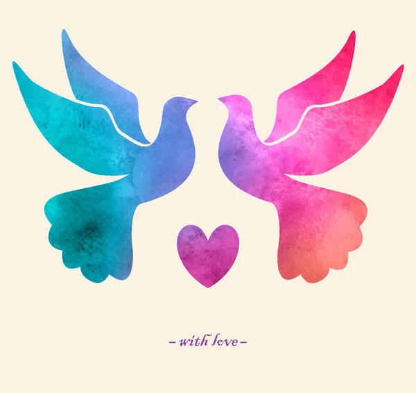 Sulu Boya renkli kuş. Suluboya resim. İki güvercin siluetleri seviyorum