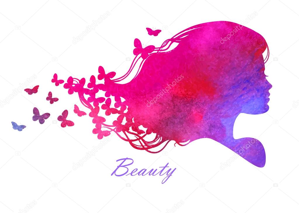 Silhouette head with watercolor hair.Vector illustration of woman beauty salon