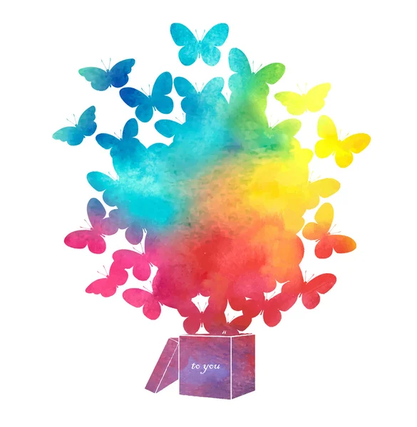 Scatola di cartone aperta con farfalle colorate che volano. — Vettoriale Stock