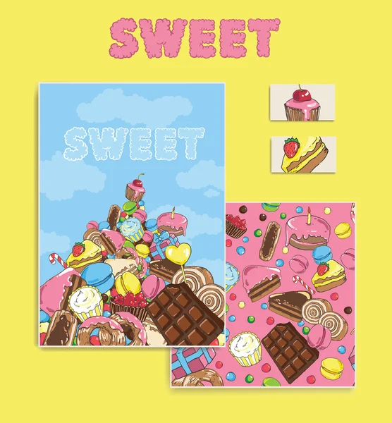 Greeting card. Sweet Branding Design. Sweet design set cards. Sweet pattern. Banner. Pattern complete . Invitation. Sweets seamless doodle pattern — Stok Vektör
