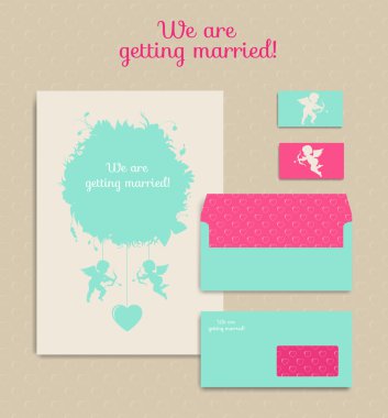 Çiçek düğün kartları, davetiyeler kümesi. Davetiye, zarf, kart, banner. Evlilik olay. Sevgililer, seamless modeli maskeli ve eksiksiz