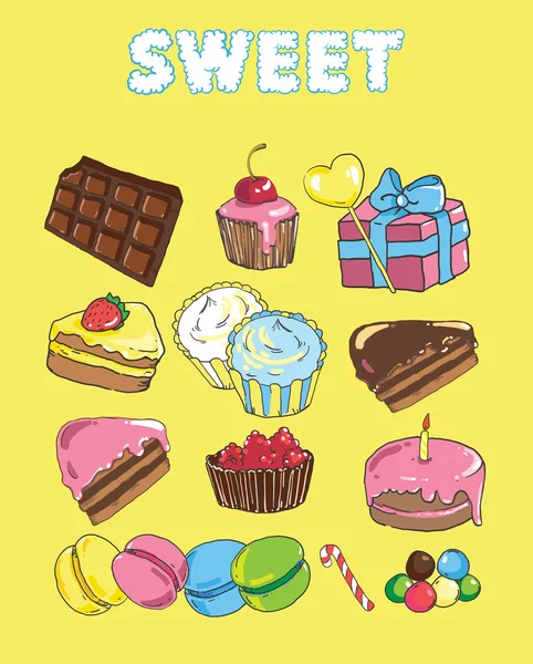 Készlet sütni és édességek. Háttér színes különböző cukorka, édesség és sütemény — Stock Vector
