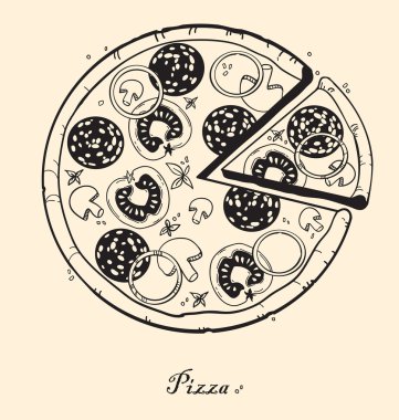 Malzemelerle pizza çizilmiş: sosis, domates, peynir, lapa