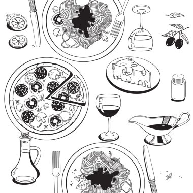 İtalyan yemeği tema üzerinde çizilmiş nesneleri el: pizza, makarna, domates, zeytin yağı, zeytin, peynir, limon, sos. Etnik mutfağı kavramı. İtalyan mutfağı uzat çizilmiş nesneleri. Vektör yiyecek çizim mutfak ve Cafe