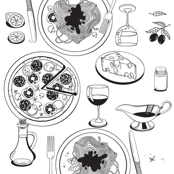 Kézzel rajzolt objektumok olasz élelmiszer-téma: pizza, tészta, paradicsom, olíva olaj, olajbogyó, sajt, citrom, mártással. Etnikai konyha koncepciót. Olasz konyha kézzel készült tárgyakat. Vektor élelmiszer ábra a konyha és a café — Stock Vector