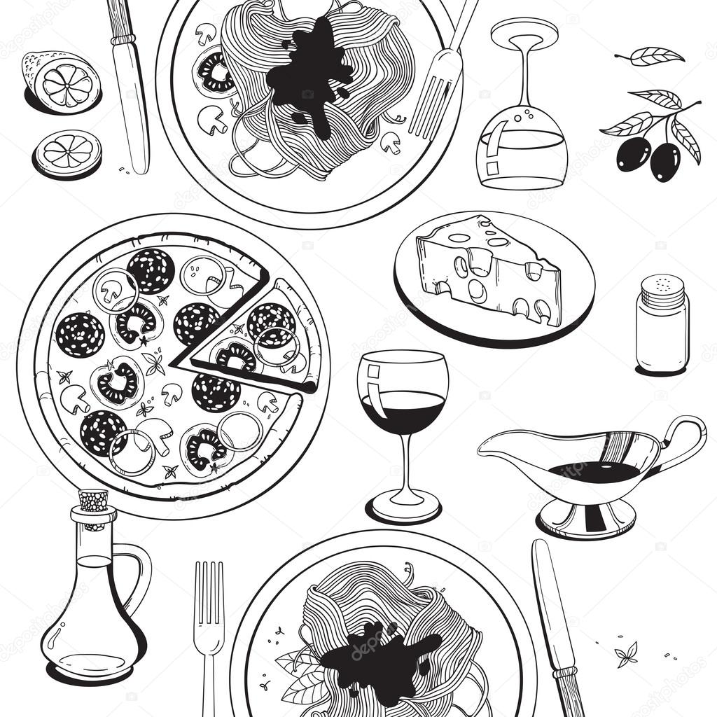 Hand drawn objects on italian food theme: pizza, pasta, tomato, olive oil, olives, cheese, lemon, sauce. Ethnic cuisine concept. Italian cuisine hand drawn objects.Vector food illustration for kitchen and cafe