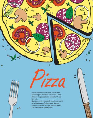 Pizza pişirme afiş şablonuyla vektör. Bir menü tasarım. Restoran ve Cafe menü şablonu. İtalyan mutfağı uzat çizilmiş nesneleri. Vektör yiyecek çizim mutfak ve Cafe