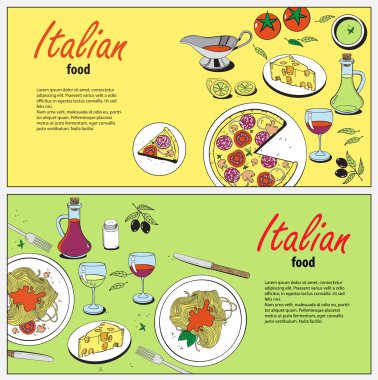 Pişirme banner şablon elle çizilmiş nesneler üzerinde İtalyan yemeği tema ile vektör: pizza, makarna, domates, zeytin yağı, zeytin, peynir, limon, sos. Etnik mutfağı kavramı. İtalyan mutfağı uzat çizilmiş nesneleri. Vektör yiyecek çizim mutfak ve caf
