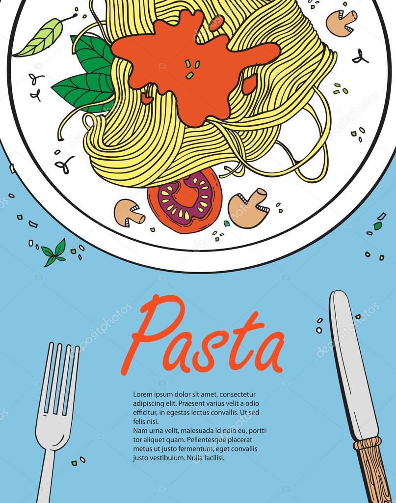 Vector cooking banner template with pasta.Design a menu.Menu template for restaurant and cafe.Italian cuisine hand drawn objects.Vector food illustration for kitchen and cafe