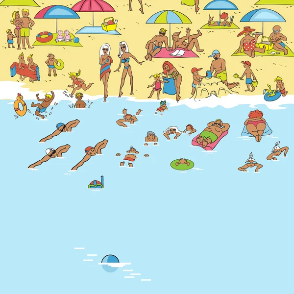 Nyáron strand. Az emberek pihenni, napozni, úszni. A átfedésben hullámok a — Stock Vector