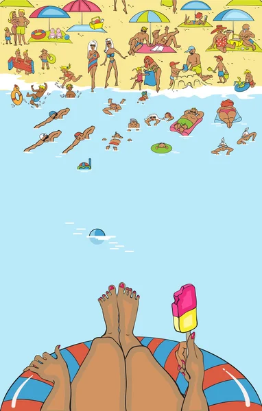 夏のビーチ。人々 は、リラックスして日光浴、泳ぐ。砂の上に打ち寄せる波。テンプレートのポスター。日焼けした若い女性暖かい海で水泳、アイスクリームを食べる ベクターグラフィックス