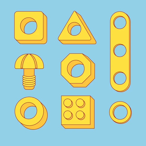 Juego de herramientas: Tornillos y Tuercas. Hardware de construcción: Pernos, tuercas y espaciadores, elementos vectoriales aislados para su diseño — Vector de stock