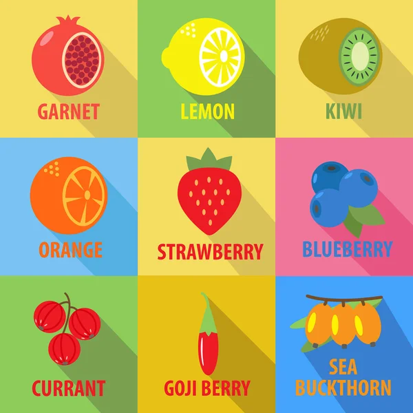 Set of fruit icons in flat design with long shadows — Stock Vector