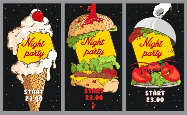 Set of Cocktail party posters. Night Party design template with place for text. Set of posters with ice cream, burger, lobster — Stock Vector