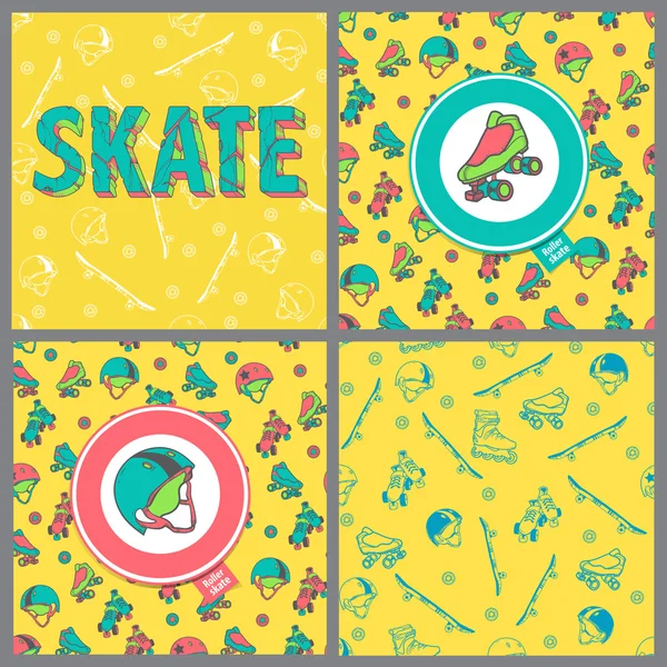 Conjunto de cuatro imágenes: Tipografía de skate board, patrón sin costuras, iconos de roller derby. Patrón sin costuras con patines de ruedas, quads, cascos, ruedas, patinetas — Vector de stock