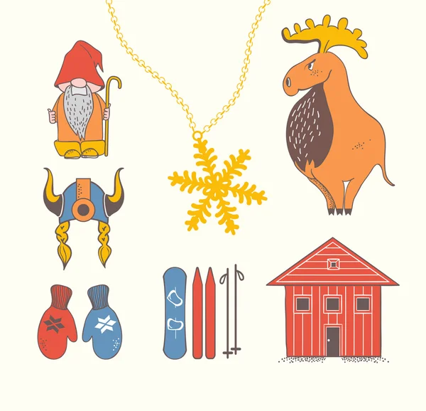 Moose, gnome, kar tanesi, Kayak, snowboard, viking kask, ahşap ev, mittens ile şirin şık İskandinav ayarla — Stok Vektör