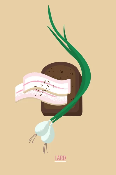 Lard. Gorda porcina. Tocino. Lardo, cebolla verde y pan. Ilustración vectorial — Archivo Imágenes Vectoriales